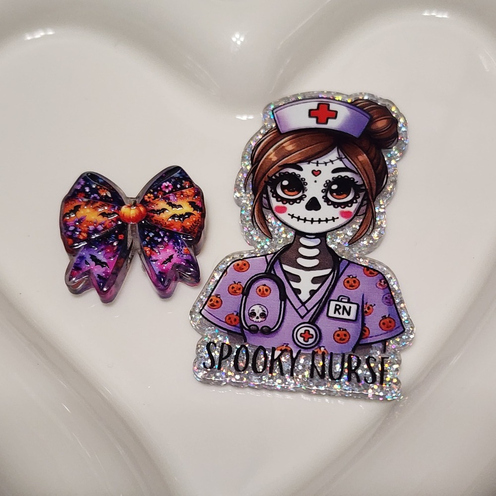 Spooky Nurse Flatback Focal Bead Bow Beaded Pen Badge Keychain Halloween